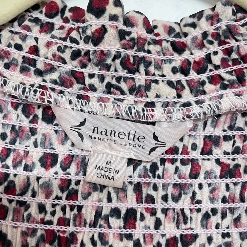 Nanette Lapore Red & Black Spotted Smocked Neckline Boho Blouse Womens M Shirt_3